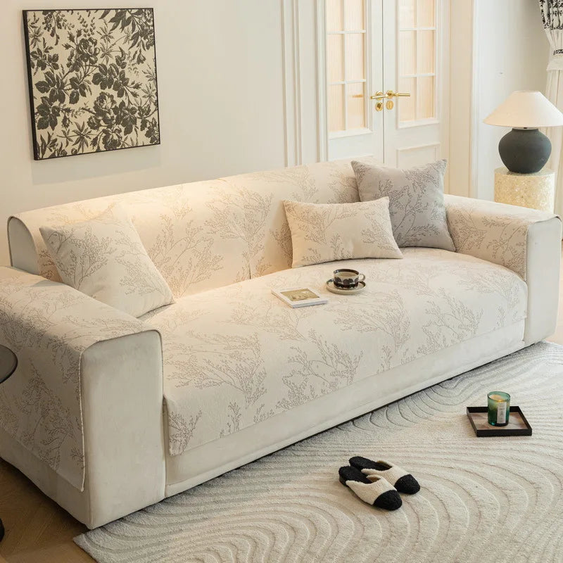 Nordic Chenille Sofa Cover. Floral Jacquard Anti Slip Design