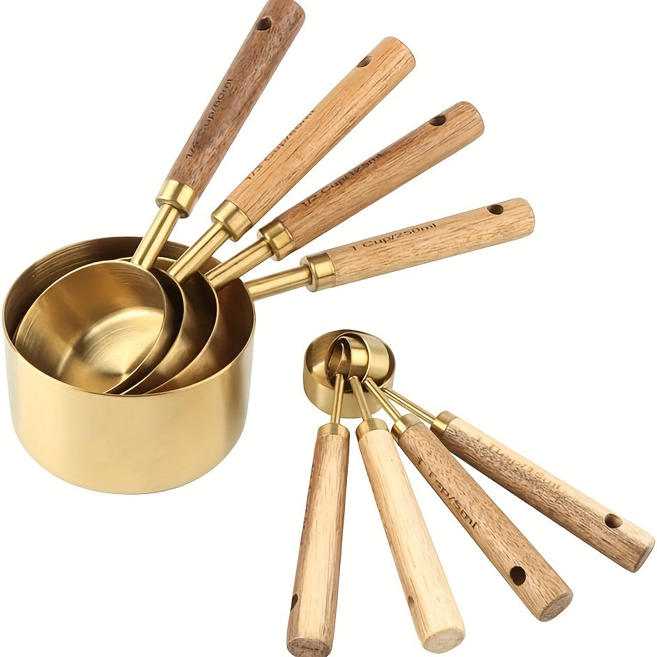 Measuring Cups and Spoons Set Gold with Wooden Handles