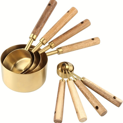 Measuring Cups and Spoons Set Gold with Wooden Handles