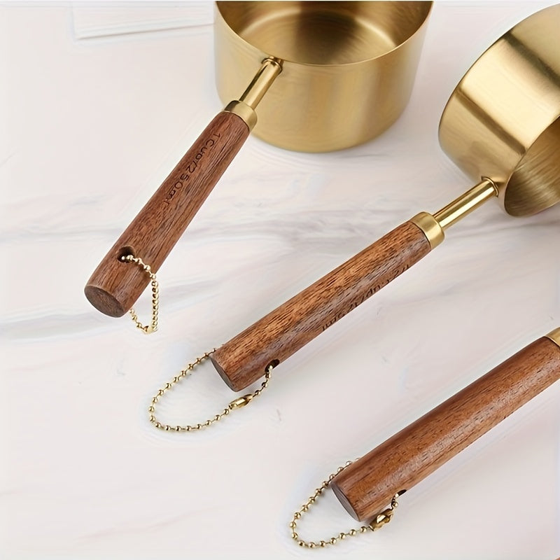 Measuring Cups and Spoons Set Gold with Wooden Handles