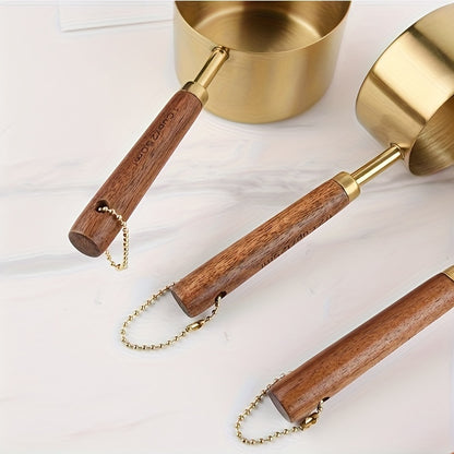 Measuring Cups and Spoons Set Gold with Wooden Handles