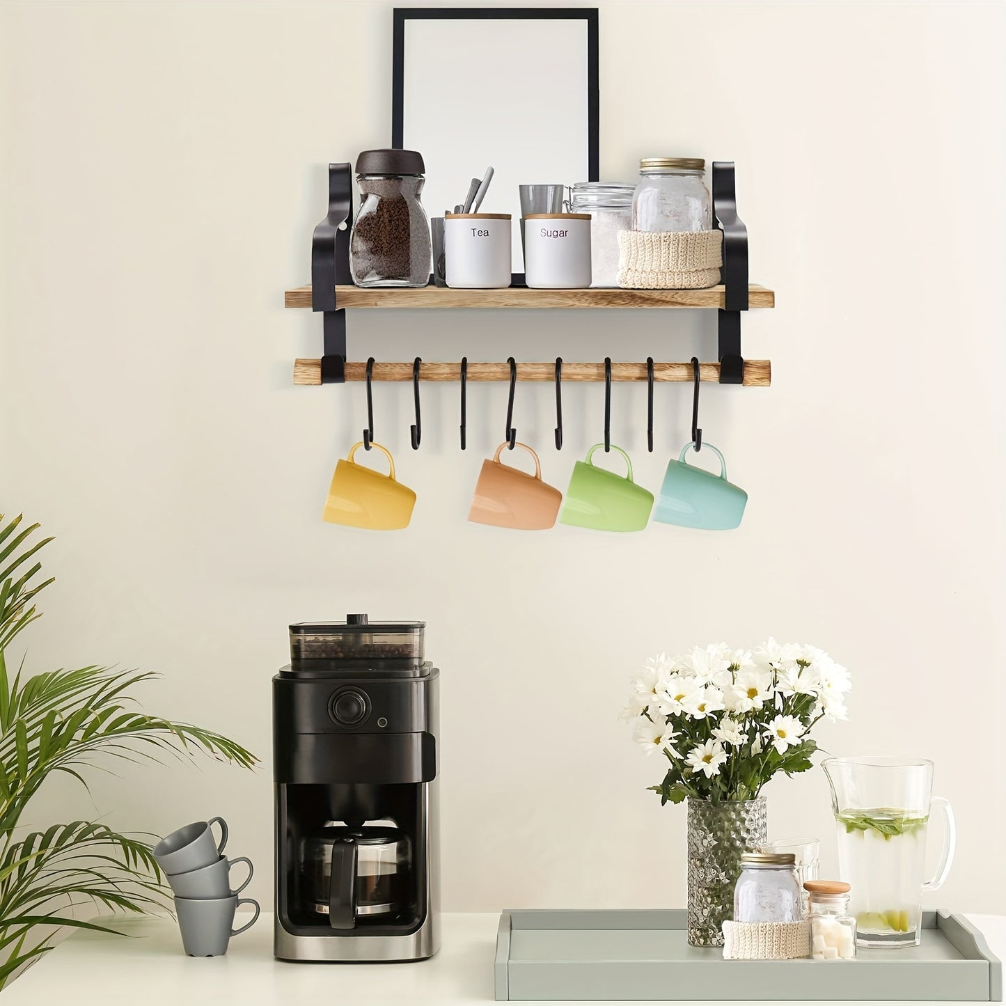 Floating Coffee Mug Shelf with Hooks Wall Mounted Wood Rack