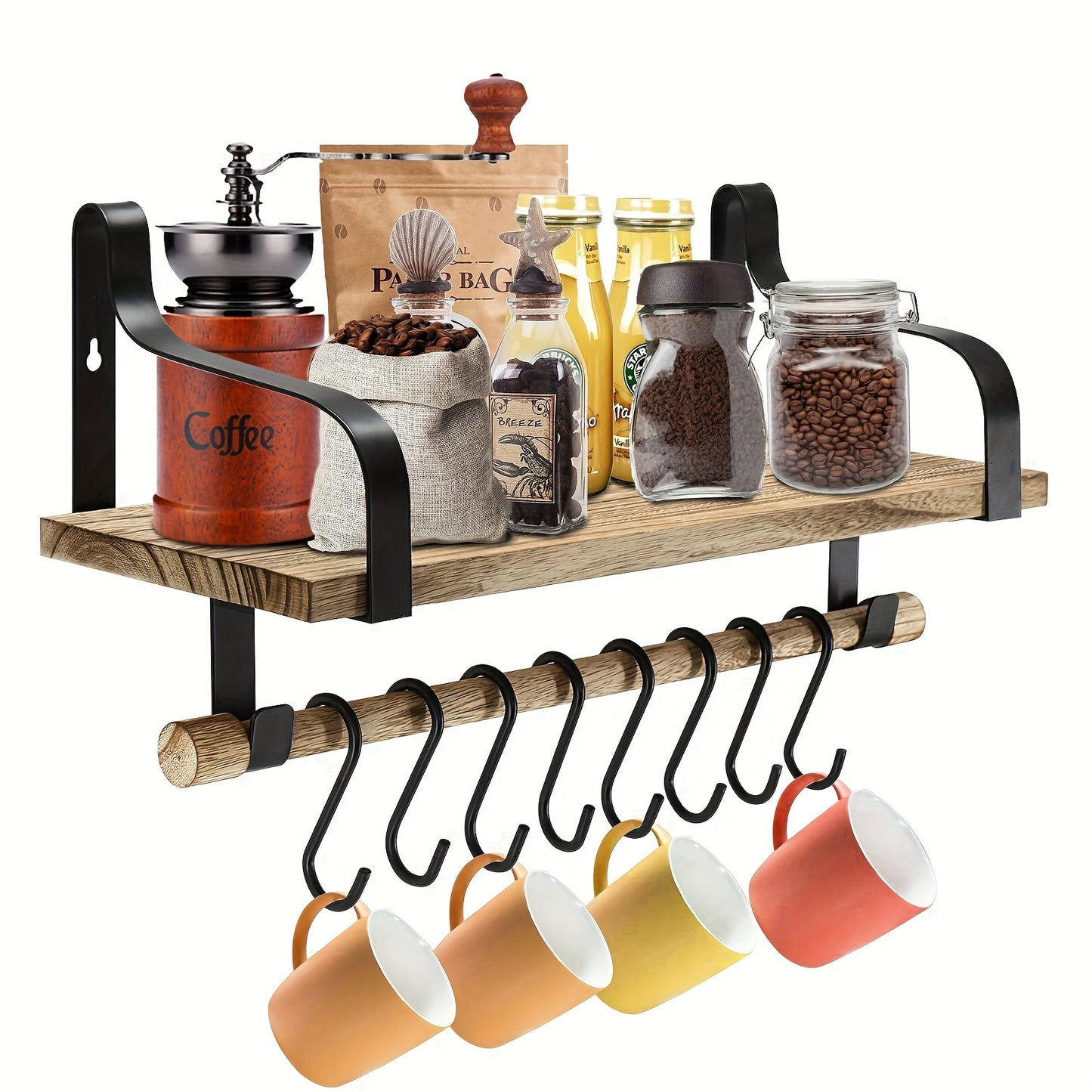 Floating Coffee Mug Shelf with Hooks Wall Mounted Wood Rack