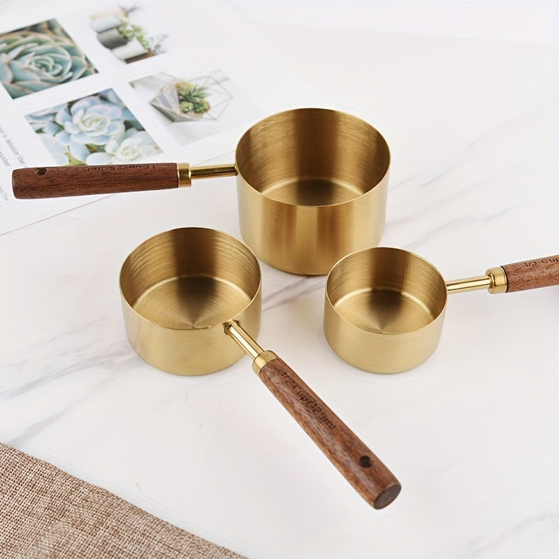 Measuring Cups and Spoons Set Gold with Wooden Handles