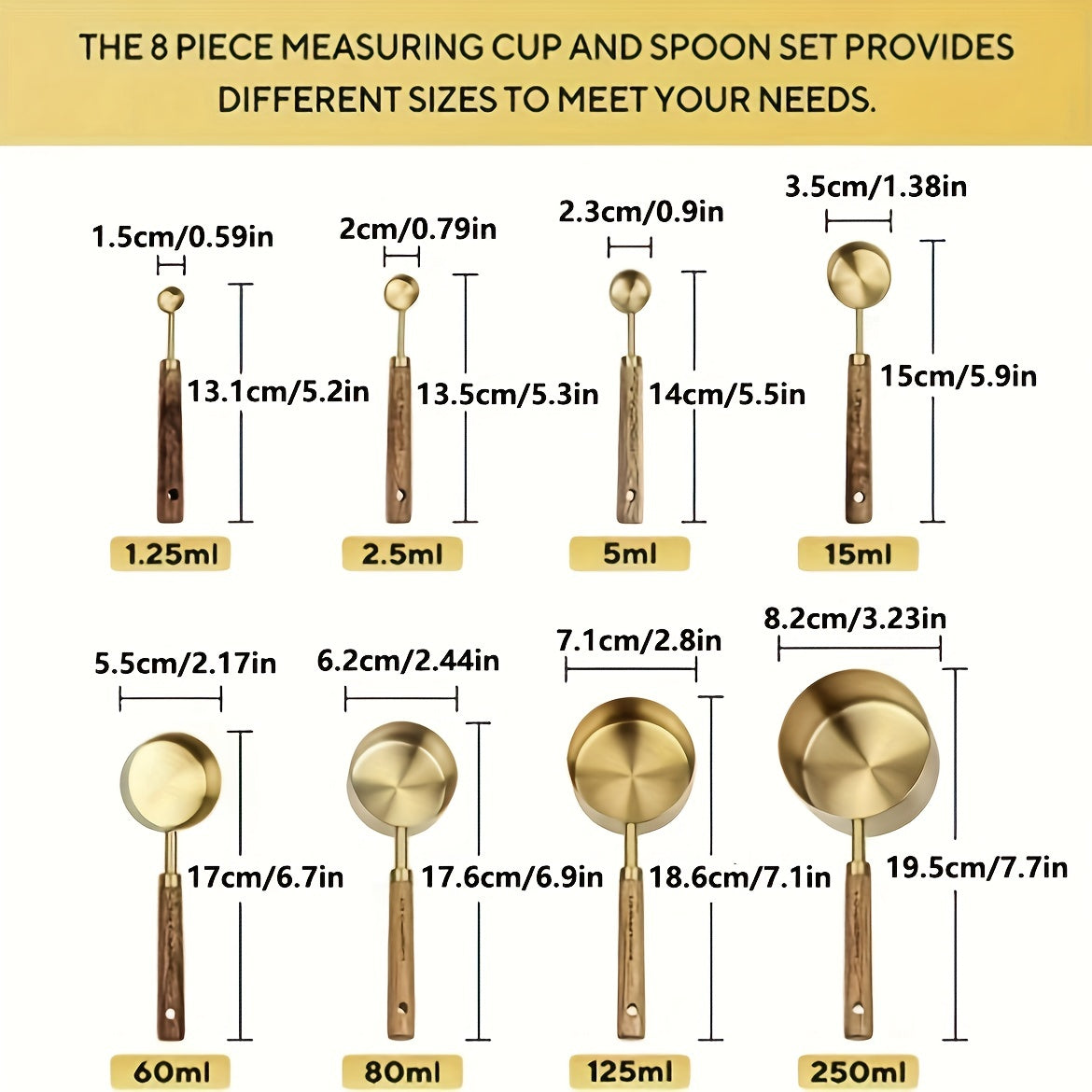 Measuring Cups and Spoons Set Gold with Wooden Handles