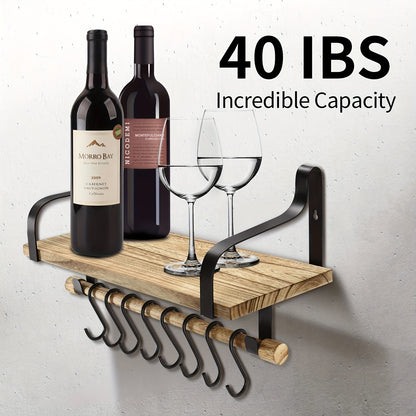 Floating Coffee Mug Shelf with Hooks Wall Mounted Wood Rack