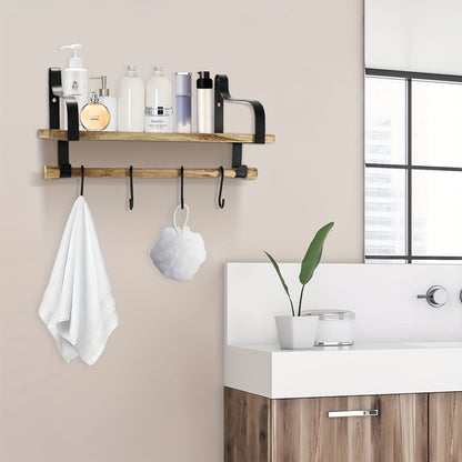 Floating Coffee Mug Shelf with Hooks Wall Mounted Wood Rack