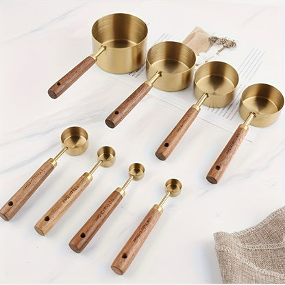 Measuring Cups and Spoons Set Gold with Wooden Handles