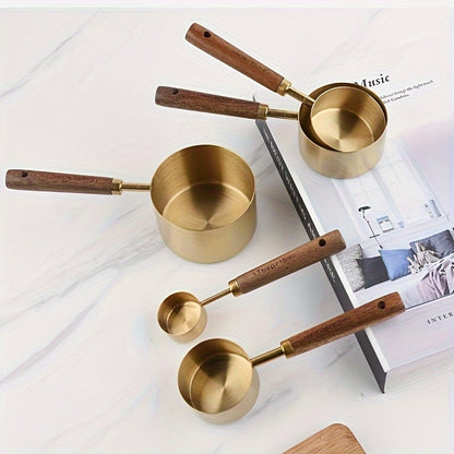 Measuring Cups and Spoons Set Gold with Wooden Handles
