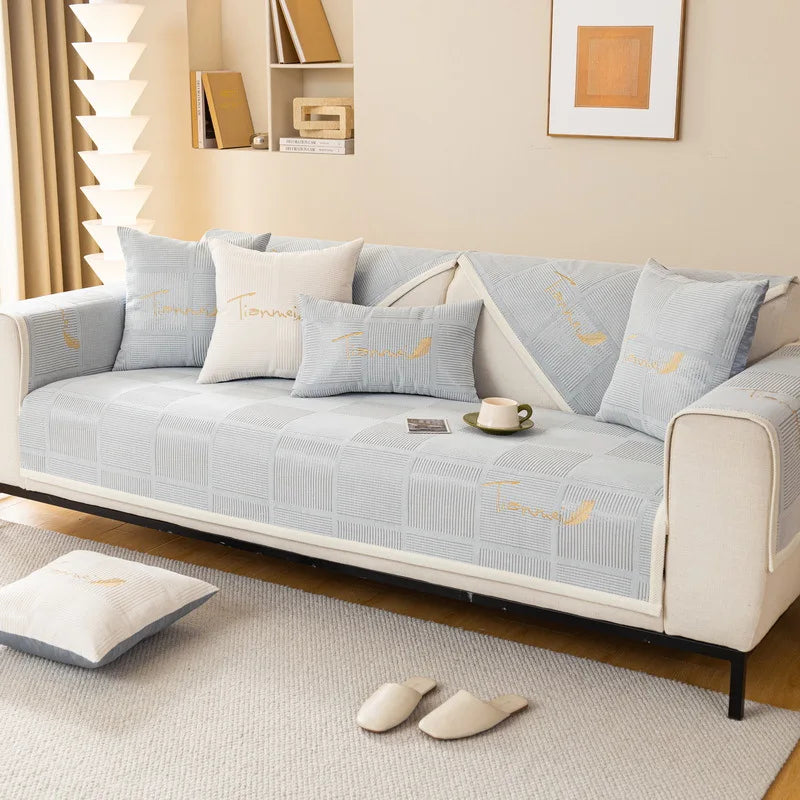 Plush Embroidered Sofa Cover. Soft Thick Anti Slip Winter Comfort