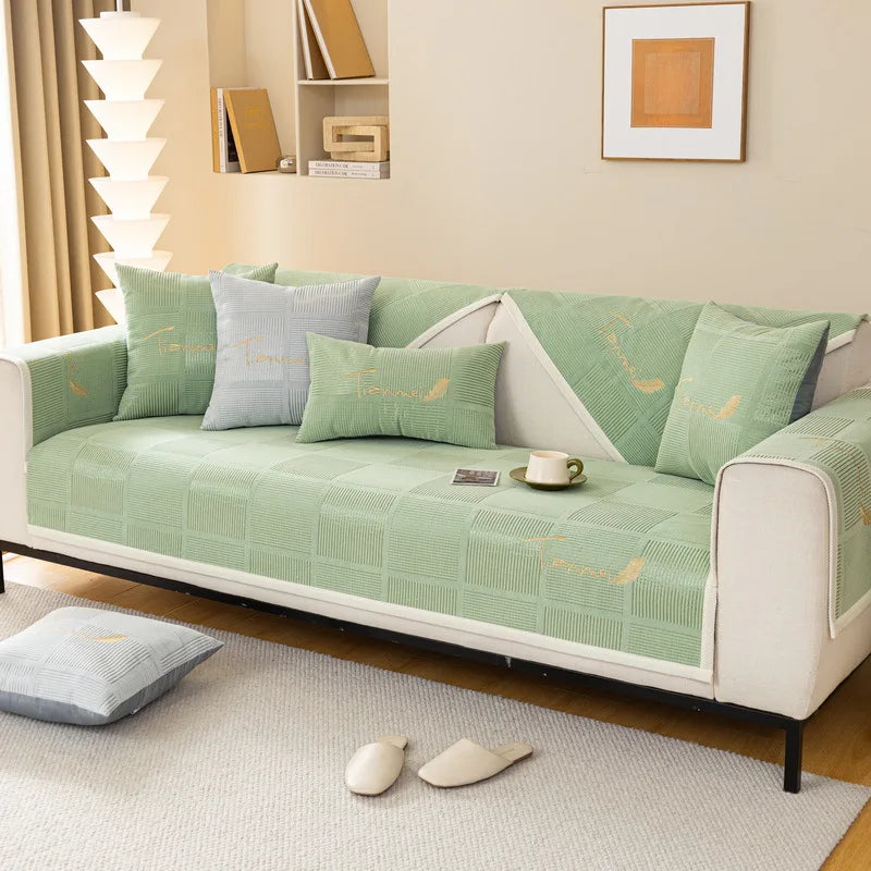 Plush Embroidered Sofa Cover. Soft Thick Anti Slip Winter Comfort