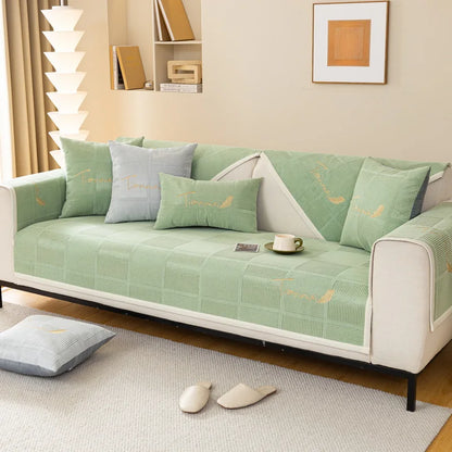 Plush Embroidered Sofa Cover. Soft Thick Anti Slip Winter Comfort