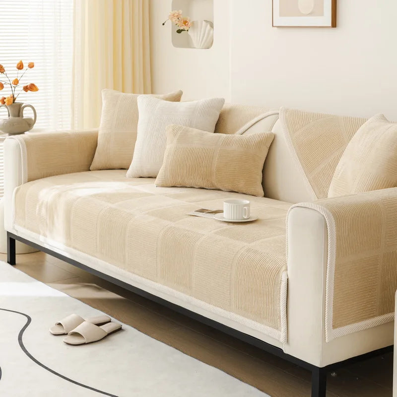 Plush Embroidered Sofa Cover. Soft Thick Anti Slip Winter Comfort