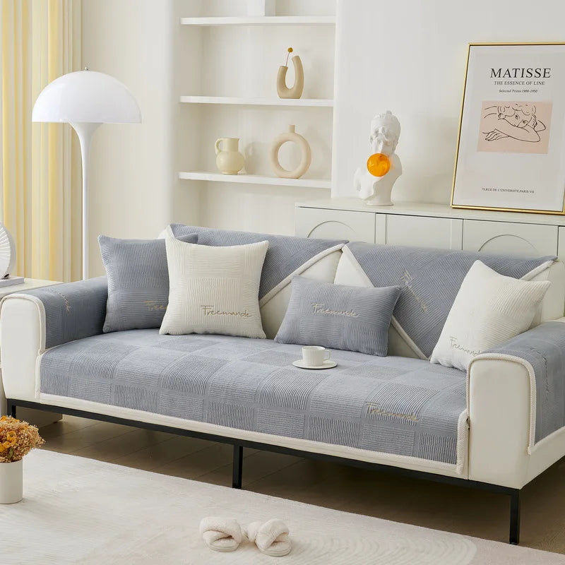Plush Embroidered Sofa Cover. Soft Thick Anti Slip Winter Comfort