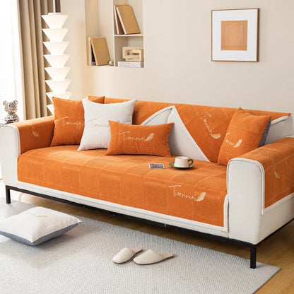 Plush Embroidered Sofa Cover. Soft Thick Anti Slip Winter Comfort