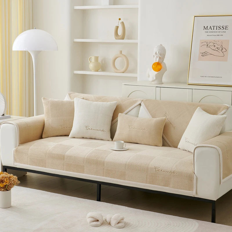 Plush Embroidered Sofa Cover. Soft Thick Anti Slip Winter Comfort