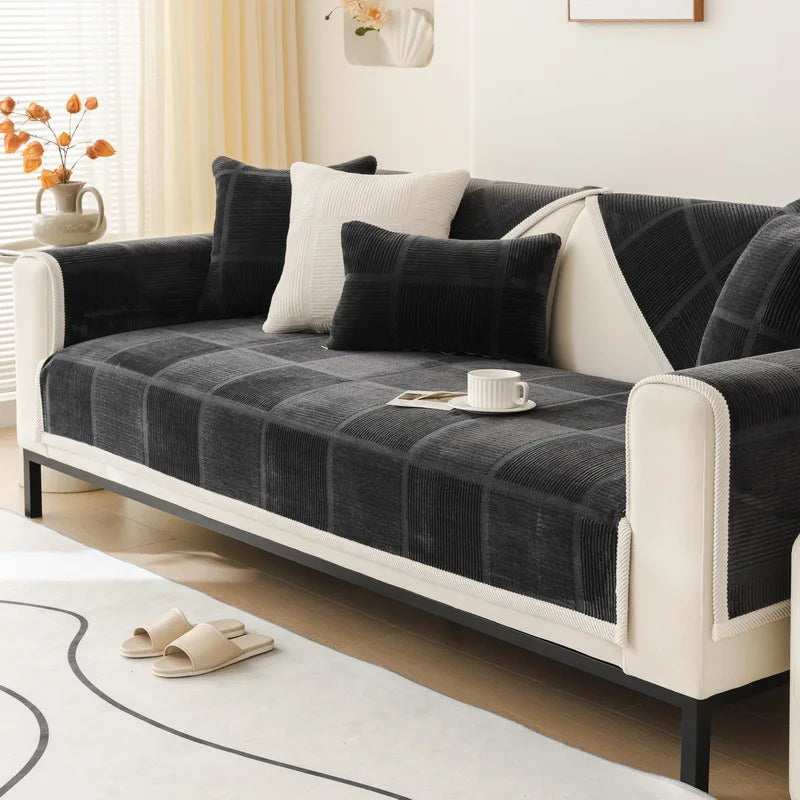 Plush Embroidered Sofa Cover. Soft Thick Anti Slip Winter Comfort