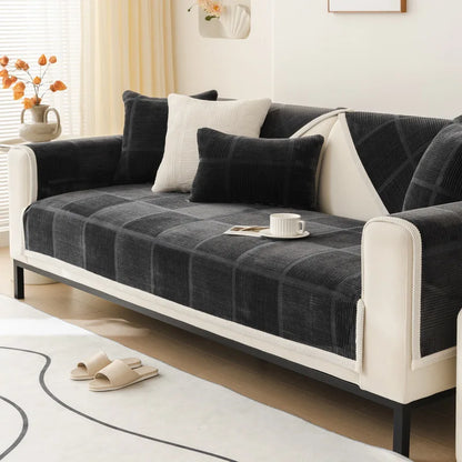 Plush Embroidered Sofa Cover. Soft Thick Anti Slip Winter Comfort