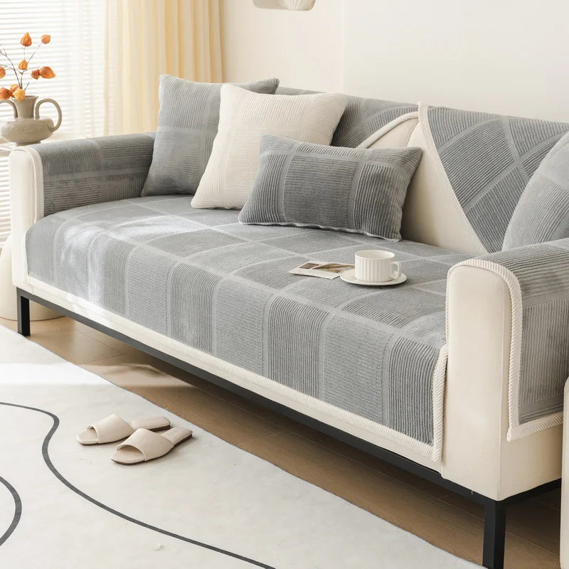 Plush Embroidered Sofa Cover. Soft Thick Anti Slip Winter Comfort
