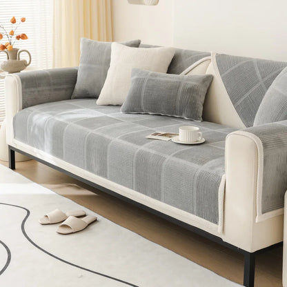 Plush Embroidered Sofa Cover. Soft Thick Anti Slip Winter Comfort