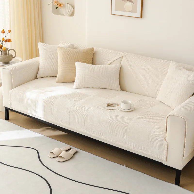 Plush Embroidered Sofa Cover. Soft Thick Anti Slip Winter Comfort