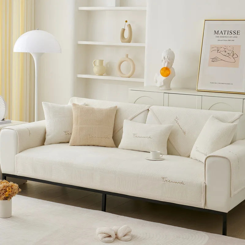 Plush Embroidered Sofa Cover. Soft Thick Anti Slip Winter Comfort