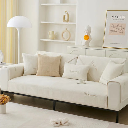 Plush Embroidered Sofa Cover. Soft Thick Anti Slip Winter Comfort