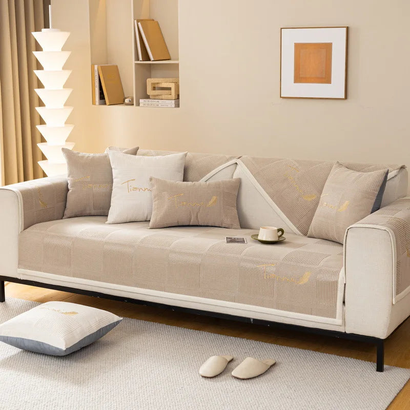 Plush Embroidered Sofa Cover. Soft Thick Anti Slip Winter Comfort
