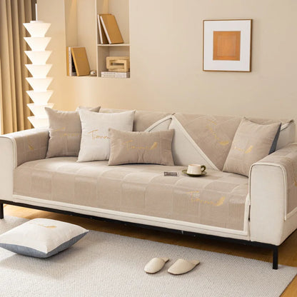 Plush Embroidered Sofa Cover. Soft Thick Anti Slip Winter Comfort