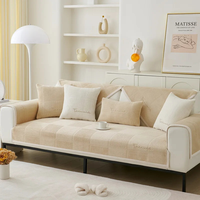 Plush Embroidered Sofa Cover. Soft Thick Anti Slip Winter Comfort