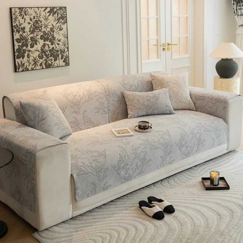 Nordic Chenille Sofa Cover. Floral Jacquard Anti Slip Design
