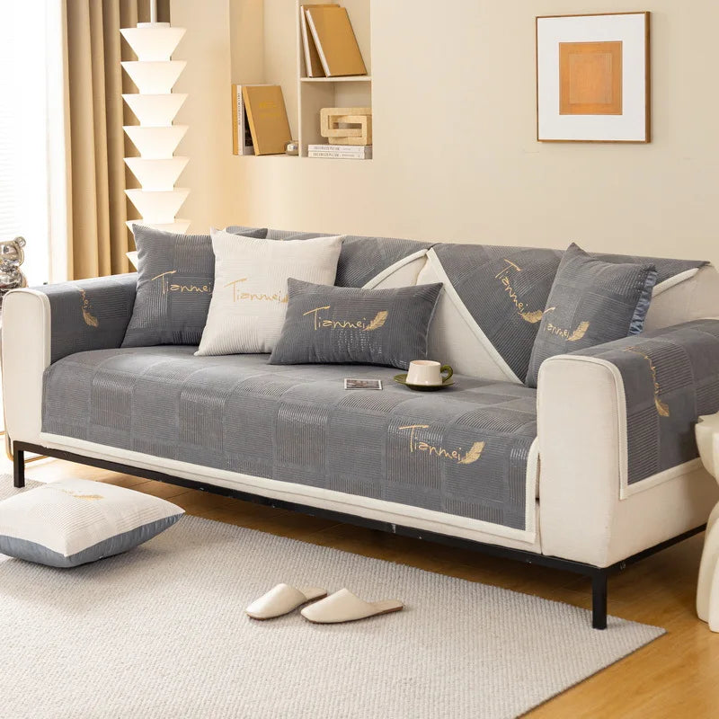 Plush Embroidered Sofa Cover. Soft Thick Anti Slip Winter Comfort