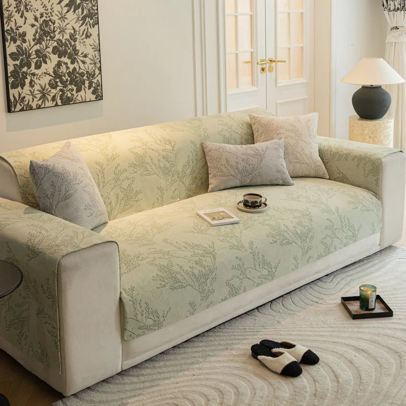 Nordic Chenille Sofa Cover. Floral Jacquard Anti Slip Design