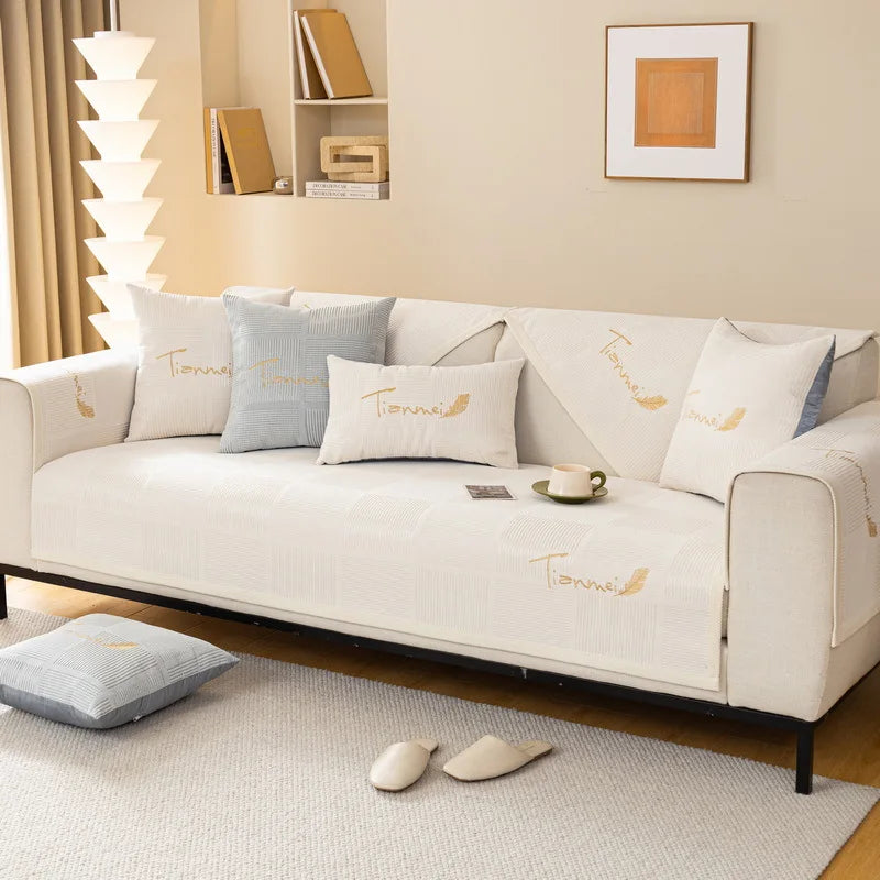 Plush Embroidered Sofa Cover. Soft Thick Anti Slip Winter Comfort