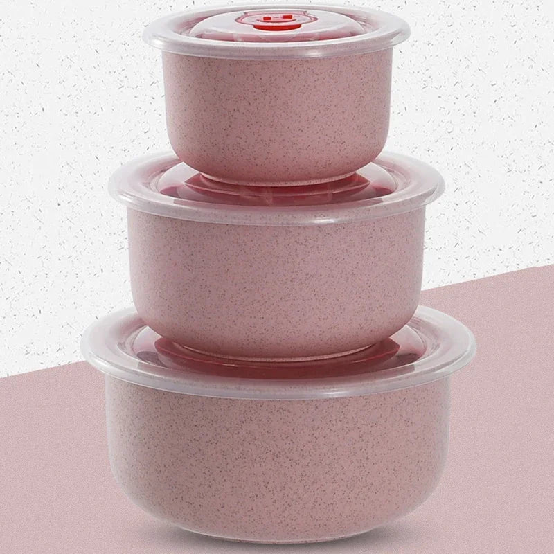 3pcs Wheat straw fresh-keeping bowl three-piece set with lid for home microwaveable plastic round lunch box