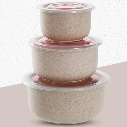 3pcs Wheat straw fresh-keeping bowl three-piece set with lid for home microwaveable plastic round lunch box