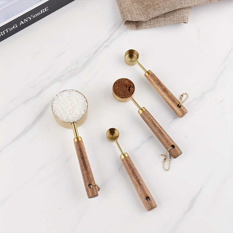 Measuring Cups and Spoons Set Gold with Wooden Handles