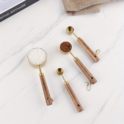 Measuring Cups and Spoons Set Gold with Wooden Handles