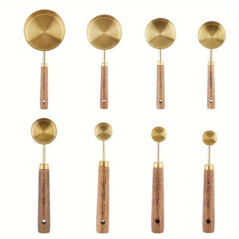 Measuring Cups and Spoons Set Gold with Wooden Handles