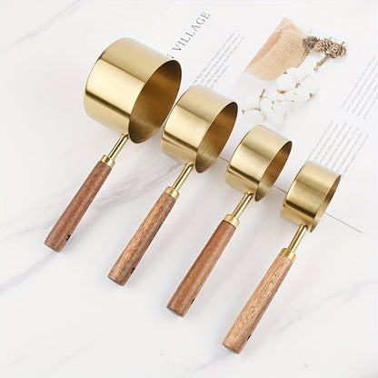 Measuring Cups and Spoons Set Gold with Wooden Handles