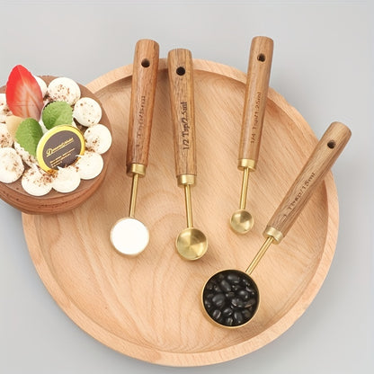 Measuring Cups and Spoons Set Gold with Wooden Handles